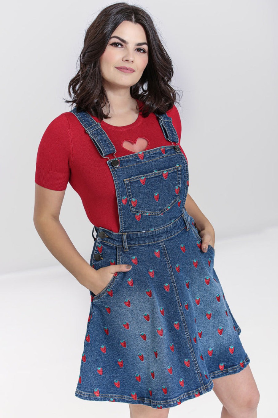 Hell Bunny Dresses | Strawberry Denim Pinafore Dress